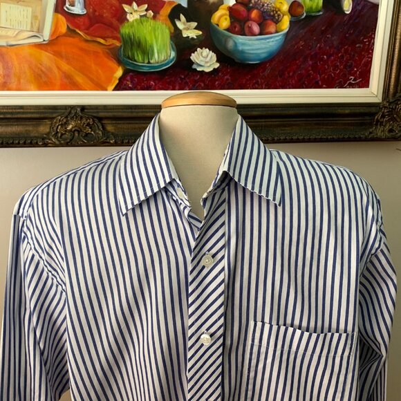 MICHAEL Michael Kors Men’s 16 1/2 Shirt Blue and White Stripes Button Down Long - Picture 2 of 9
